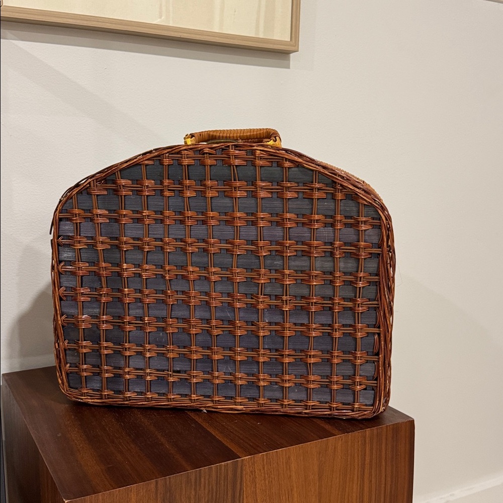 Vintage Woven Rattan Navy Travel Case